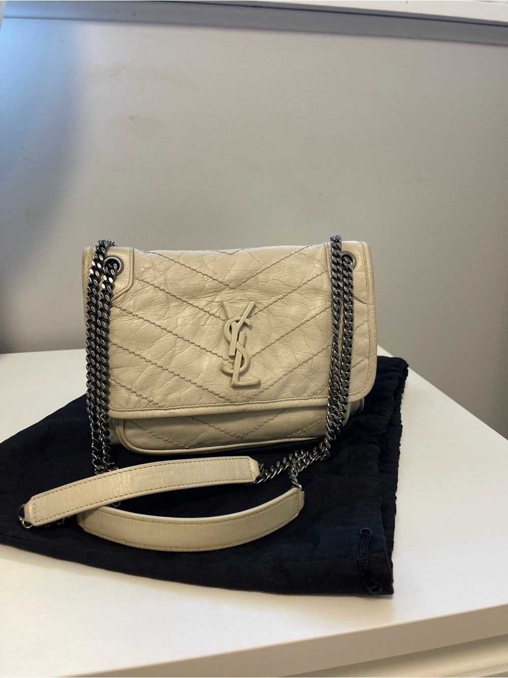 Saint Laurent Cream Quilted Leather Chain Shoulder Bag with YSL Monogram